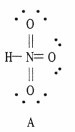 There is a Lewis structure labeled A. There is the central nitrogen atom double-bonded to three oxygen atoms and single-bonded to a hydrogen atom. Each oxygen has two lone pairs.