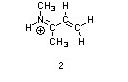 The second structure is HNCCHCH2, with a double bond between the N atom and the first (from left to right) carbon and between the second and the third carbons. A CH3 group is bonded to the nitrogen atom and to the first carbon. The nitrogen atom has a positive charge.