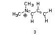 The third structure is H3CNCHCHCH2, with a double bond between the N atom and the second (from left to right) carbon and between the third and the fourth carbons. A nitrogen atom is bonded to a CH3 group and has a positive charge.