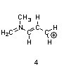 The fourth structure is H2CNCHCHCH2, with a double bond between the first (from left to right) carbon and the nitrogen atom and between the second and the third carbons. The nitrogen atom is bonded to a CH3 group. The fourth carbon has a positive charge.