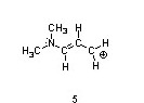 The fifth structure is H3CNCHCHCH2, with a double bond between the second (from left to right) and the third carbons. The nitrogen atom is bonded to a CH3 group and has a lone pair. The fourth carbon has a positive charge.
