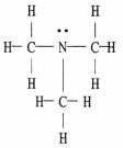The is a Lewis structure. There is an N atom, which has a lone pair and three C atoms attached. Each carbon has three attached hydrogens.