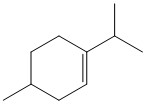 There is a six-membered carbon ring with a double bond between the first and the second (clockwise) carbons. The first carbon of the ring is bonded to the second (from left to right) carbon of a three-membered carbon chain. The fourth (clockwise) carbon of the ring is bonded to a CH3 group.