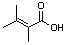 There is a four-membered carbon chain with a double bond between the second (from left to right) and the third carbon atoms. A CH3 group is attached to the second and the third carbons. The fourth carbon is bonded to an OH group by a single bond and to an oxygen atom by a double bond.