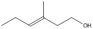 There is a six-membered carbon chain, with a double bond between the third (from left to right) and the fourth carbon atoms. A CH3 group is attached to the fourth carbon. An OH group is attached to the sixth carbon atom.