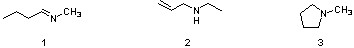 There is three structures. The first one is a six-membered chain with a double bond between the fourth (from left to right) and the fifth atoms. The fifth atom is nitrogen, while the other atoms are carbons. The second structure is a six-membered chain with a double bond between the first (from left to right) and the second atoms. The fourth atom of this chain is nitrogen, while the other atoms are carbons. The third structure is a five-membered ring with a CH3 group attached to the first atom. The first atom of this chain is nitrogen, while the other atoms are carbons.