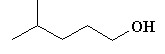 There is a five-membered carbon chain, with a CH3 group attached to the second (from left to right) carbon and an OH group attached to the fifth carbon.