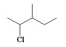 There is a five-membered carbon chain, with a Cl atom attached to the second (from left to right) carbon and a CH3 group attached to the third carbon.