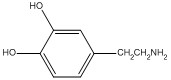 There is a six-membered carbon ring with alternating single and double bonds. An OH group is attached to the first and the second (clockwise) carbon atoms. The fourth carbon atom is bonded to a CH2CH2NH2 group.