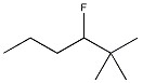 A six-carbon chain, with an F atom bonded to the fourth carbon (from left to right) and two CH3 groups attached to the sixth carbon.