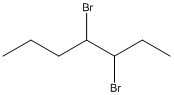There is a seven-carbon chain, with a Br atom bonded to the fourth (from left to right) carbon and to the fifth carbon.