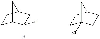 The figure shows the structures of two molecules with the same carbon skeleton. A six-carbon ring, with a one-membered carbon bridge between the first and the fourth (clockwise) carbon atoms. In the first structure, there is a Cl atom bonded to the sixth carbon above the ring. In the second structure, a Cl atom is bonded to the first carbon.