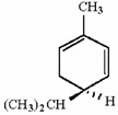 A six-carbon ring, with a double bond between the first and the second (clockwise) carbon atoms and between the third and the fourth carbon atoms. A CH3 group is attached to the second carbon atom, and a CH left parenthesis CH3 right parenthesis 2 group and an H atom are bonded to the fifth carbon with a wedge and with a dash, correspondingly.