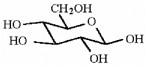 The figure shows a six-membered ring in the chair conformation. In this conformation, a six-membered ring is shown as a non-planar structure, where the second, the third, the fifth, and the sixth atoms are located in the same plane, the first atom is located above the plane, and the fourth atom is located below the plane. The OH group at the first and the fifth atoms is slanted down, and the OH group at the fourth and the sixth atoms is slanted up. A CH2OH group at the second atom is slanted up. The third atom of the ring is oxygen, while the other atoms are carbons.