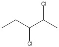 A five-carbon chain, with a Cl atom bonded to the second (from right to left) and the third carbon atoms.