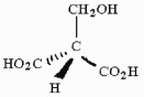 The figure shows a molecule with the following structure: a central C atom, with a CH2OH group at the top position, a CO2H group at the right position, an H atom at the left position bonded to the central C atom with a wedge, and a CO2H group at the right position bonded to the central C atom with a dash.
