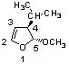 There is a five-membered ring, with a double bond between the second and the third (clockwise) atoms, a CH left parenthesis CH3 right parenthesis 2 group attached to the fourth atom with a wedge, and an OCH3 group bonded to the fifth atom with a dash. The first atom is oxygen, while the rest are carbons. All atoms of the ring are labeled with numbers.