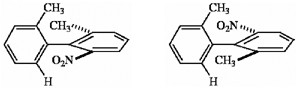 The figure shows structures of two compounds. Both compounds have the following carbon skeleton: two six-carbon rings with alternating double and single bonds linked with a single bond between the first carbons of the rings. The right ring lies in the plane that is perpendicular to the plane of the left ring. An H atom is bonded to the second (clockwise) carbon of the left ring, and a CH3 group is bonded to the sixth carbon of the left ring. In the first structure, a CH3 group is attached with a dash to the second (clockwise) atom of the right ring, and an NO2 group is bonded with a wedge to the sixth carbon of the right ring. In the second structure, an NO2 group is bonded with a dash to the second (clockwise) carbon of the right ring, and a CH3 group is bonded with a wedge to the sixth carbon of the right ring.