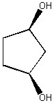 A five-carbon ring, with an OH group bonded to the first carbon with a wedge and to the third (clockwise) carbon with a wedge.