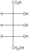 The figure shows a Fischer projection for a molecule. The carbon chain is depicted vertically, with a CO2H group at the top and a CH2OH group at the bottom, while the three remaining carbon atoms are represented by the center of crossing lines. The presented molecule has all hydroxyls on the right and hydrogens opposite to them.