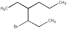 A six-carbon chain, with a CHCH2CH3 group, with a Br atom bonded to the first (from left to right) carbon attached to the third (from left to right) carbon.