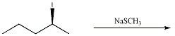 There is a partial scheme of a reaction, where a five-carbon chain, with an I atom bonded above to the fourth (from left to right) carbon with a wedge, reacts with NaSCH3.