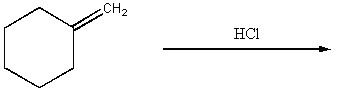 There is a scheme of a reaction, where a six-carbon ring, with a CH2 group double-bonded to the first carbon of the ring, reacts with HCl.