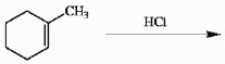 There is a scheme of a reaction, where a six-carbon ring, with a double bond between the first and the second (clockwise) carbons and a CH3 group attached to the first carbon, reacts with HCl.