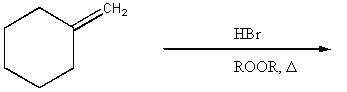 There is a scheme of a reaction, where a six-carbon ring, with a CH2 group double-bonded to the first carbon, reacts with HBr in the presence of ROOR, when heated.