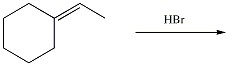 There is a scheme of a reaction, where a six-carbon ring, with a CHCH3 group double-bonded to the first carbon, reacts with HBr.
