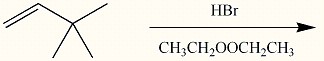 There is a scheme of a reaction, where a four-carbon chain, with a double bond between the first (from left to right) and the second carbons and two CH3 groups attached to the third carbon, reacts with HBr and CH3CH2OOCH2CH3.