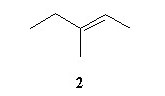 The second structure is a five-carbon chain, with a double bond between the third (from left to right) and the fourth carbon atoms and a CH3 group attached to the third carbon atom. The second and the fifth carbons of the chain are on the opposite sides of the plane of the double bond.