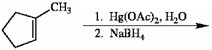 There is a scheme of a reaction, where a five-carbon ring, with a double bond between the first and the second (clockwise) carbons and a CH3 group bonded to the first carbon, consequently reacts with Hg left parenthesis OAc right parenthesis 2 in H2O at the first step and with NaBH4 at the second step.