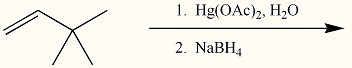 There is a scheme of a reaction, where a four-carbon chain, with a double bond between the first (from left to right) and the second carbons and two CH3 groups attached to the third carbon, consequently reacts with Hg left parenthesis OAc right parenthesis 2 in H2O at the first step and with NaBH4 at the second step.