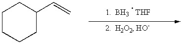 There is a scheme of a reaction, where a six-carbon ring, with a CH double bond CH2 group attached to the first carbon, consequently reacts with BH3 middle dot THF at the first step and with H2O2 in the presence of OH minus at the second step.