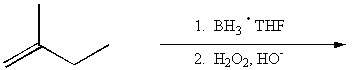 There is a scheme of a reaction, where a four-carbon chain, with a double bond between the first (from left to right) and the second carbons and a CH3 group attached to the second carbon, consequently reacts with BH3 middle dot THF at the first step and with H2O2 in the presence of OH minus at the second step.