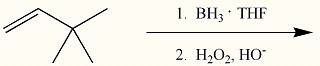 There is a scheme of a reaction, where a four-carbon chain, with a double bond between the first (from left to right) and the second carbons and two CH3 groups attached to the third carbon, consequently reacts with BH3 middle dot THF at the first step and with H2O2 in the presence of OH minus at the second step.