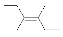 There is a structure of a CC double bond. The first (from left to right) carbon has a CH2CH3 group attached above and a CH3 group attached below the plane of the bond. The other carbon has a CH3 group attached above and a CH2CH3 group attached below the plane of the bond.
