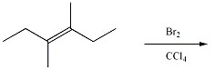 There is a scheme of a reaction. The reactant has the following structure: a six-carbon chain, with a double bond between the third (from left to right) and the fourth carbons and a CH3 group attached to the third and the fourth carbons. The second and the fifth carbons of the chain are on the opposite sides of the double bond. The reactant is treated with Br and CCl4.