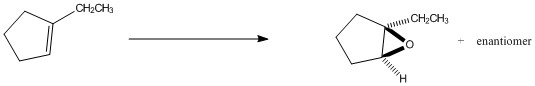 There is a scheme of a reaction. The reactant has the following structure: a five-carbon ring, with a double bond between the first and the second (clockwise) carbons and a CH3 group attached to the first carbon. There are two products. The first product has the following structure: a five-carbon ring, with an O atom bonded to the first and the second (clockwise) carbons with a wedge, a CH2CH3 group bonded to the first carbon with a dash, and an H atom bonded to the second carbon with a dash and its enantiomer. Another product is its enantiomer
