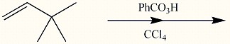 There is a scheme of a reaction, where a four-carbon chain, with a double bond between the first (from left to right) and the second carbons and two CH3 groups attached to the third carbon, reacts with PhCO3H in CCl4.