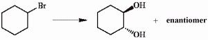 There is a scheme of a reaction. The reactant has the following structure: a six-carbon ring, with a Br atom attached to the first carbon. There are two products. The first product has the following structure: a six-carbon ring, with an OH group attached to the first carbon with a wedge and to the second (clockwise) carbon with a dash. The second product is its enantiomer.