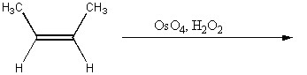 There is a scheme of a reaction. The reactant has a structure of a CC double bond. Both carbons have a CH3 group attached above and an H atom attached below the plane of the double bond. The reactant is treated with OsO4 and H2O2.