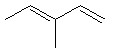 A five-carbon chain, with a double bond between the second (from left to right) and the third carbons and the fourth and the fifth carbons and a CH3 group attached to the third carbon. The first and the fourth carbons of the chain are on opposite sides of the plane of the first (from left to right) double bond.