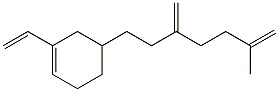 The figure shows a molecule with the following structure: a six-carbon ring, with a double bond between the first and the second (clockwise) carbons and a CH double bond CH2 group bonded to second carbon. A seven-carbon chain, with a CH2 group double-bonded to the third (from left to right) and the sixth carbons, is attached to the fourth carbon of the ring by its first carbon.