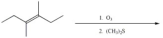 The figure shows a scheme of a reaction. The reactant has the following structure: a six-carbon chain, with a double bond between the third (from left to right) and the fourth carbons and a CH3 group attached to the third and the fourth carbons. The reactant successively reacts with O3 at the first step and with left parenthesis CH3 right parenthesis 2 S at the second step.