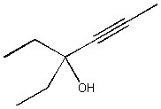 The figure shows a molecule with the following structure: a six-carbon chain, with a CH2CH3 group and an OH group attached to the third (from left to right) carbon and a triple bond between the fourth and the fifth carbons.