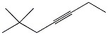 The figure shows a molecule with the following structure: a seven-carbon chain with two CH3 groups attached to the second (from left to right) carbon and a triple bond between the fourth and the fifth carbons.