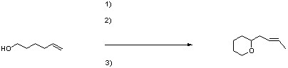 The figure shows a scheme of a reaction, where a six-carbon chain, with an OH group attached to the first (from left to right) carbon and a double bond between the fifth and the sixth carbons undergoes a three-step reaction. The reagents of all three steps are not specified. The product has the following structure: a six-membered ring, with a four-carbon chain attached to the first atom of the ring by its first carbon. There is a double bond between the second and the third carbons of the attached chain. The first and the fourth carbons of the attached chain are on opposite sides of the plane of the double bond. The second (clockwise) atom of the ring is an oxygen, while the rest are carbons.