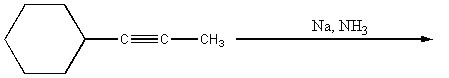 The figure shows a scheme of a reaction, where a six-carbon ring, with a C triple bond CCH3 group attached to the first carbon reacts with Na and NH3.